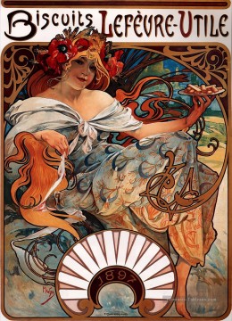  1896 Peintre - Biscuits LefevreUtile 1896 litho Art Nouveau tchèque Alphonse Mucha